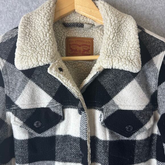 Levi’s Sherpa Lined Wool Trucker Jacket Women’s Med Buffalo Plaid Black Western - Picture 2 of 14